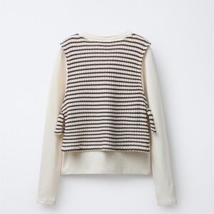 ZARA Cream Long Sleeve Tank Top with Black Striped Knit Overlay